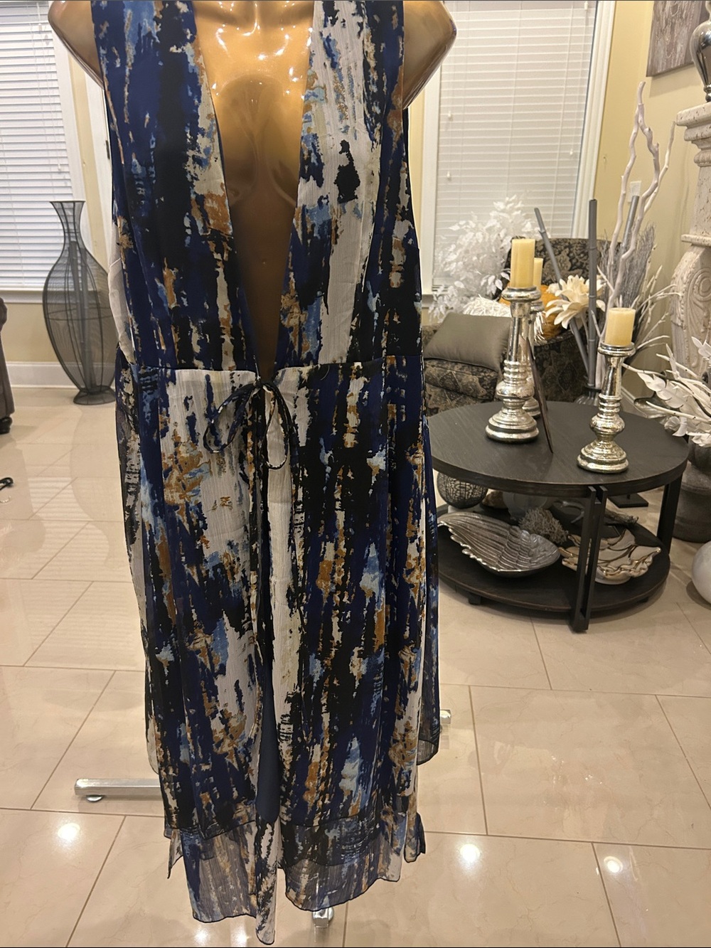 Cato Blue White and Gold Abstract Sleeveless Duster